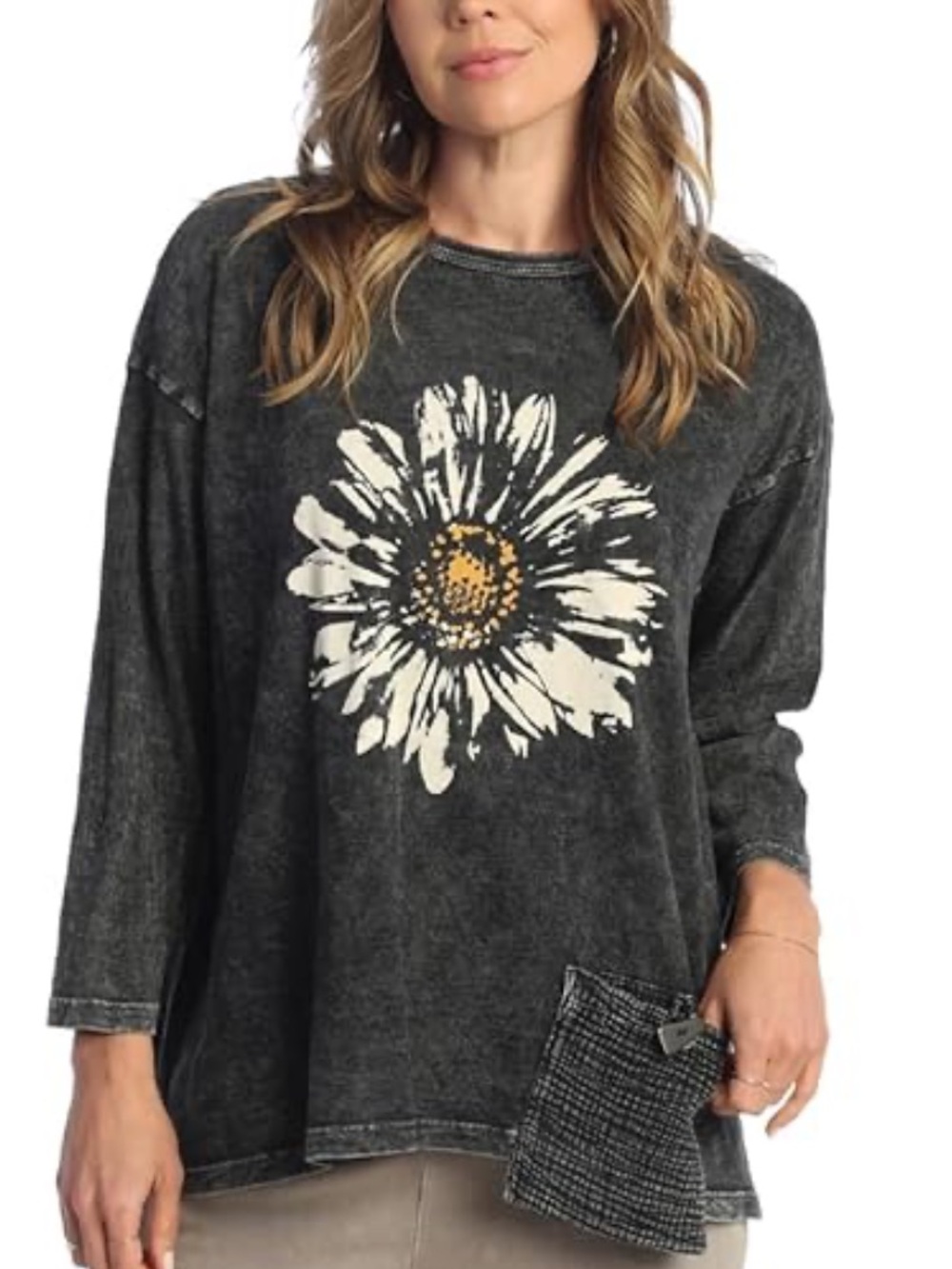 Jess & Jane Black Mineral Washed Daisy Tunic Top Womens Large Boho Lagenlook - Picture 2 of 11